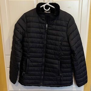 Heatkeep Black Quilted Puffer Jacket Faux Fur Women Size L